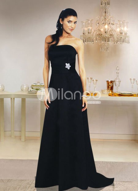 Strapless Brooch Floor Length Satin Mother Of Bride And Groom Dress