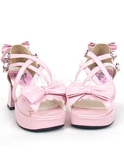 2 9/10\'\' Heel 2 7/10\'\' Platform Pink Crossing Straps Bow PU Lolita Shoes