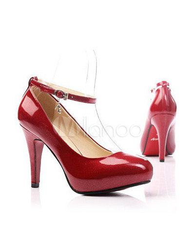 red platform pumps with ankle strap