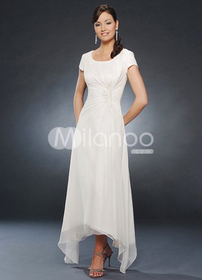 Mother  Groom Dresses on White Short Sleeves Pleated Chiffon Mother Of Groom And Bride Dress