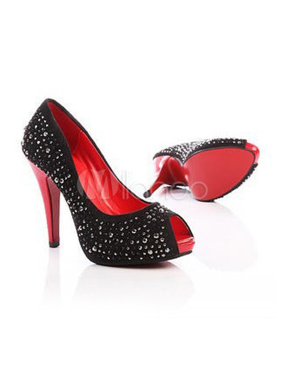  Heel Peep  Shoes on Black High Heel Platform Rhinestone Studded Peep Toe Nubuck Fashion