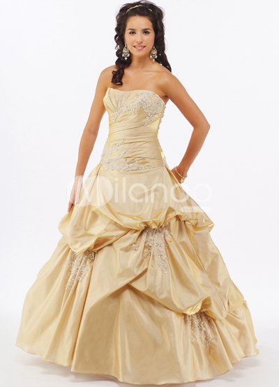 Formal Strapless Beading Ruched Floor Length Satin Lace Ball Gown