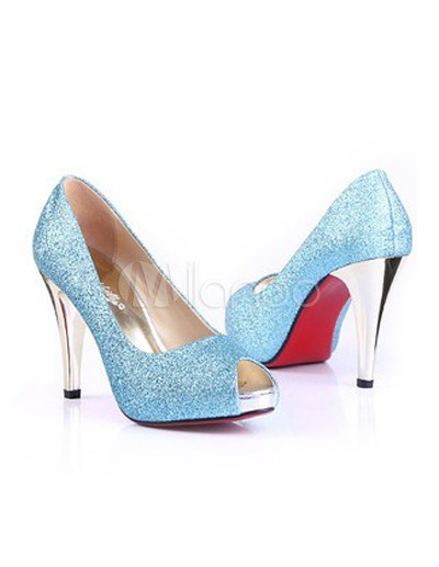 Blue High Heel Shoes on Blue High Heel Platform Peep Toe Paillette Cloth Fashion Prom Shoes