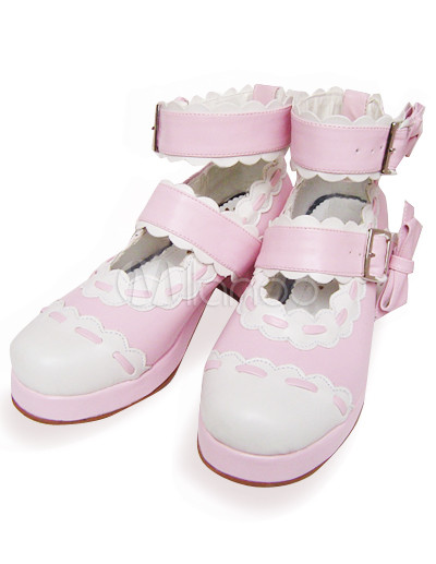 Pink  White Saddle Shoes on Pink And White Bow Ankle Straps Scalloped Pu Lolita Shoes   Milanoo
