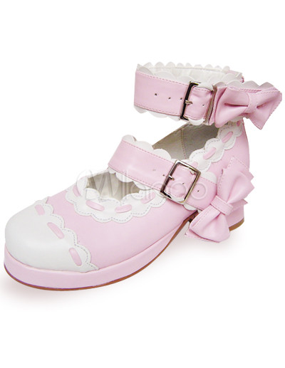 Pink  White Saddle Shoes on Pink And White Bow Ankle Straps Scalloped Pu Lolita Shoes   Milanoo