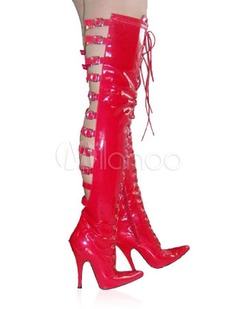  Stripper Shoes on High Heel Red Buckles Bandages Pu Patent Leather Knee High Sexy Boots
