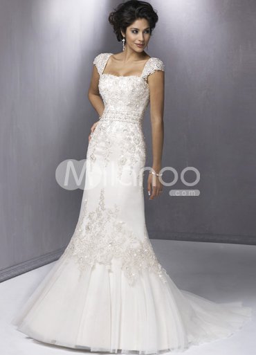 Attractive Sweep Cap Sleeves Mermaid Trumpet Satin Organza Wedding Gown