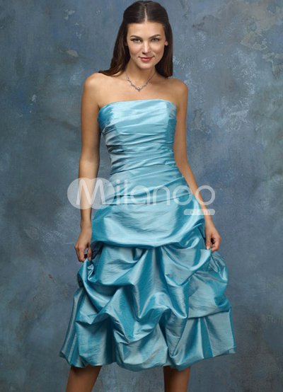 Blue Strapless Pleated Ball Gown Knee Length Taffeta Prom Dress