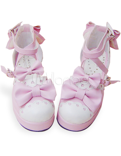White Flat Wedding Shoes on Pink And White Flat Bow Pu Lolita Shoes