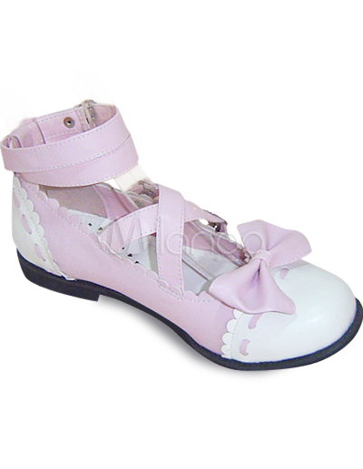 Pink  White Saddle Shoes on Pink And White Flat Pu Bow Lolita Shoes   Milanoo Com