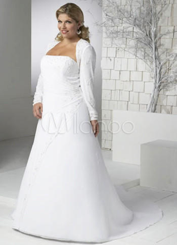 White Aline Long Sleeves Sweep Satin Organza Plus Size Wedding Dress
