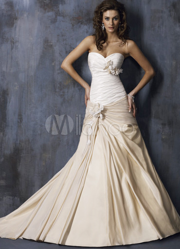 White And Brown Sweetheart Strapless Flower Taffeta Bridal Gown 15499