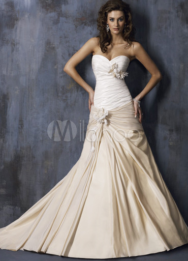 White And Brown Sweetheart Strapless Flower Taffeta Bridal Gown 15499 White And Brown Sweetheart Strapless Flower Taffeta Bridal Gown 15499