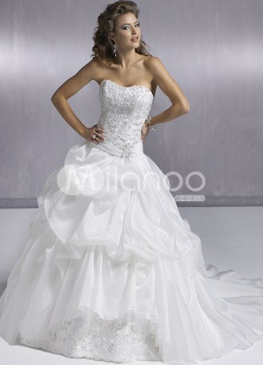 White Ball Gown Strapless Ruched Sweep Satin Wedding Gown