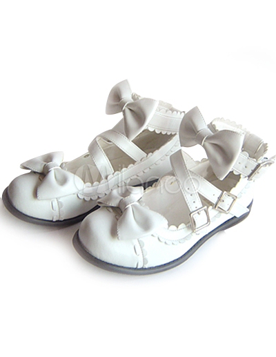 Ankle Strap Wedding Shoes on White Flat Pu Ankle Strap Bow Lolita Shoes Milanoo Com