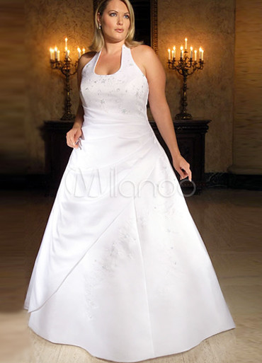 White Floor Length Halter Plus Size Wedding Dress 15499