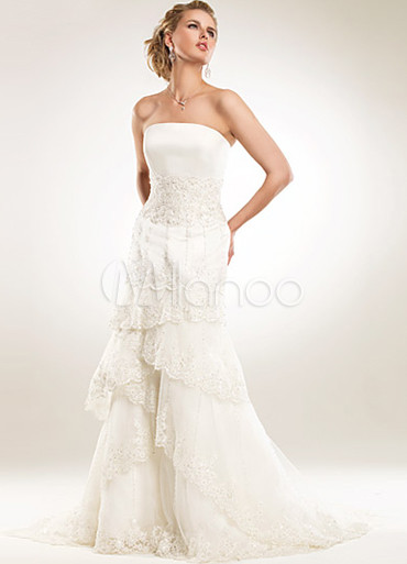 White Strapless Ruffles Lace Satin Wedding Dress