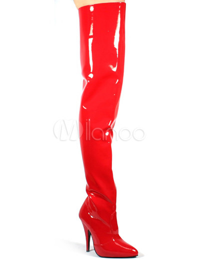 Women Fashion Western Boots on 10 Heel Red Patent Leather Women S Knee High Boots Milanoo Com