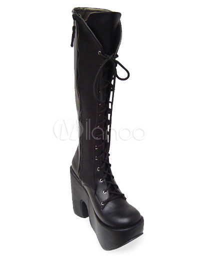  Laces on Heel 3 1 10   Platform Black Lace Tie Pu Lolita Boots   Milanoo Com