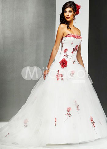 Beautiful White Aline Strapless Embroidery Sweep Satin Organza Wedding Gown