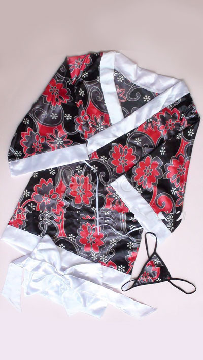 Black And Red Floral White Sash Long Sleeves Kimono Sexy Dress