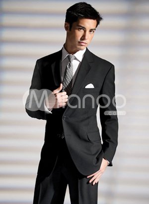 Black Single Breasted Button Lapel Worsted Groom Wedding Tuxedo