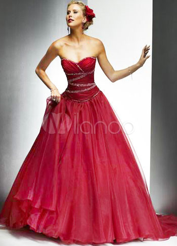 Burgundy Aline Strapless Sweep Satin Organza Wedding Dress 16099