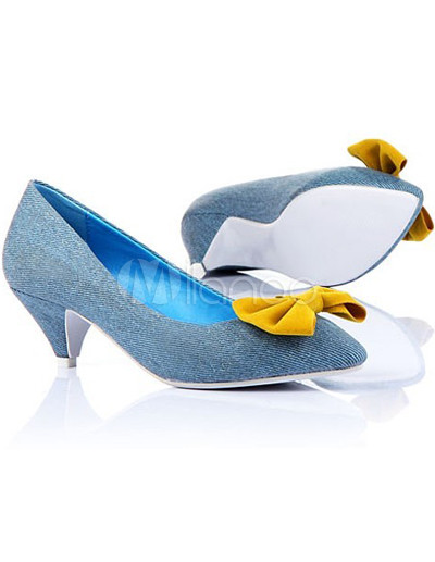 Womenpumps on Heel Blue Jeans Yellow Bow Pointed Toe Pu Women S Pumps   Milanoo Com