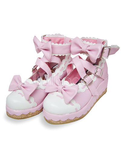 Pink  White Saddle Shoes on Pink And White 2 1 5  Heel 1  Platform Bow Pu Lolita Shoes