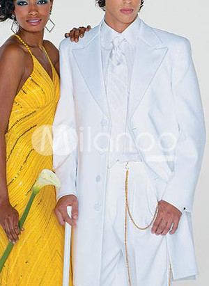 White Full Length Single Breasted Button Lapel Worsted Groom Wedding Tuxedo