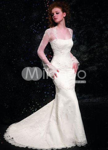 White Satin Lace Long Sleeves Mermaid Trumpet Wedding Dress