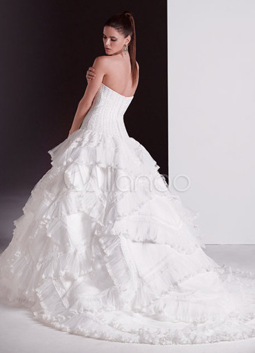 White Strapless Ruffles Satin Aline Wedding Dress