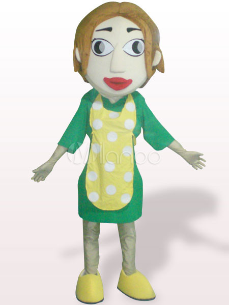 Diese Frau mit gelber Schürze Erwachsenen Maskottchen Kostüm macht ...  width=