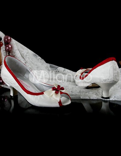 Ivory Wedding Shoes  Rhinestones on Ivory Lace Satin Bow Peep Toe Wedding Shoes