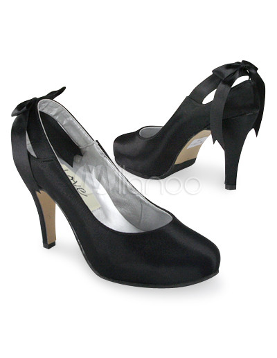 Black Bridesmaid Shoes on High Heel Black Bow Satin Wedding Pump Shoes