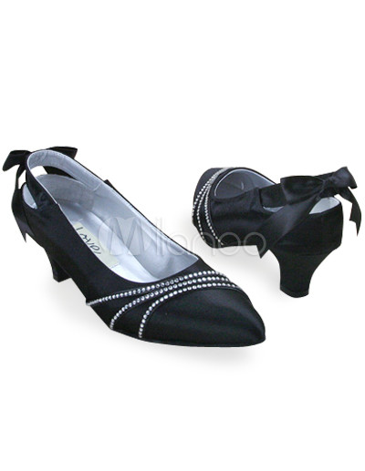 Brown Bridesmaid Shoes on High Heel Black Satin Bow Rhinestone Wedding Shoes