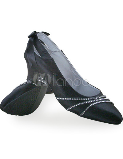 Bling Bridal Shoes on High Heel Black Satin Bow Rhinestone Wedding Shoes   Milanoo Com