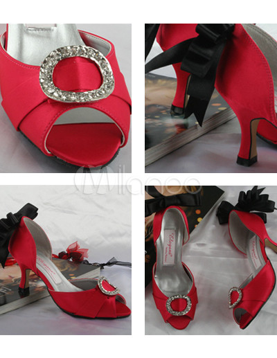 4'' High Heel Red Rhinestone Black Bow Satin Peep Toe Wedding Shoes