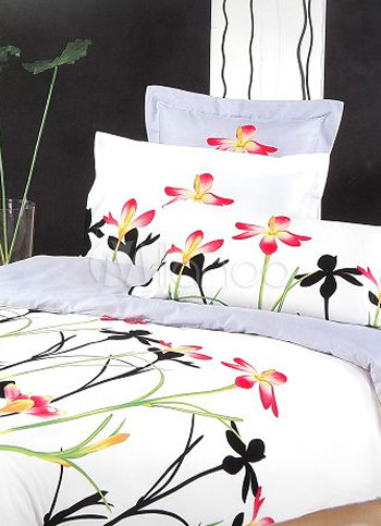 4-pc Beautiful White Floral Satin Drill Duvet Cover Printed Bedding Set