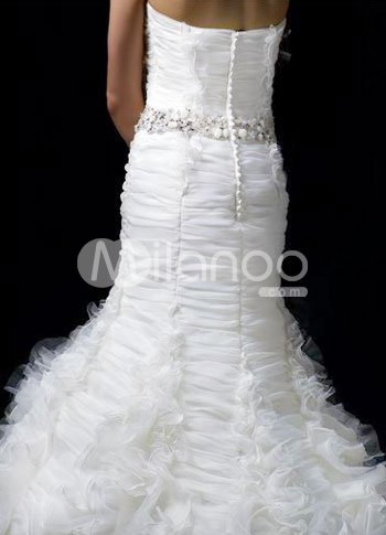  White Mermaid Trumpet Strapless Sweep Pleated Satin Organza Wedding Gown