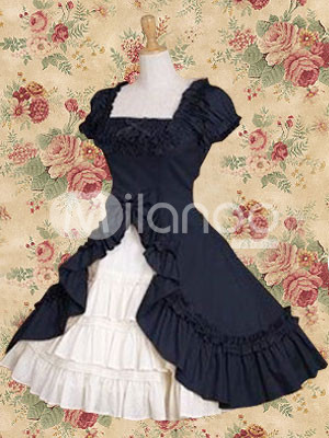 Classic Navy Blue Short Sleeves Ruffles Cotton Lolita Dress