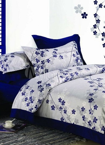 4-pc Deep Blue Jacquard Floral Satin Drill Cotton Satin Duvet Cover Bedding Set