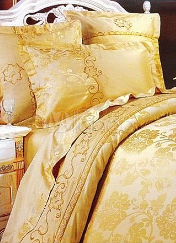 4-pc Golden Jacquard Floral Satin Drill Cotton Satin Duvet Cover Bedding Set