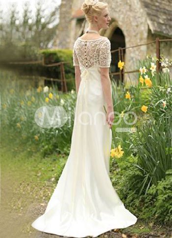  Short Sleeves Empire Waist Deep VNeck Sweep Satin Lace Wedding Gown