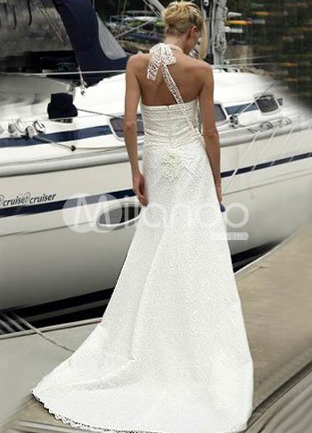 Grand White Aline Halter Pleated Sweep Satin Lace Wedding Dress