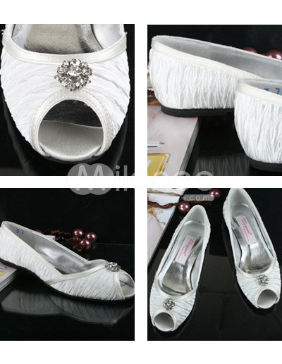 Flat Wedding Shoes Bridal on White Flat Peep Toe Pleated Satin Wedding Shoes   Milanoo Com