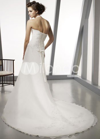 Ivory Halter Aline Satin Chiffon Wedding Gown