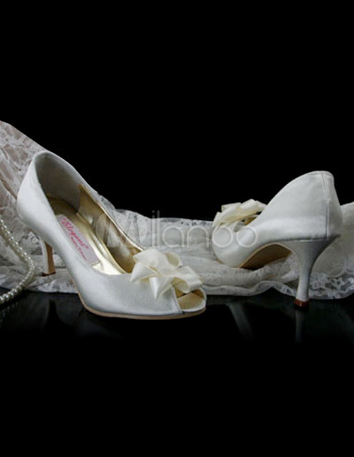 Bridal Shoes Size5 on Ivory Open Toes Bow 2 4 5   Heel Wedding Shoes   Milanoo Com
