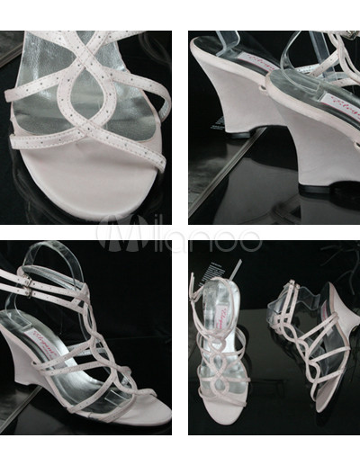Pink 3 1 2'' Heel Wedge Ankle Strap Satin Wedding Sandals