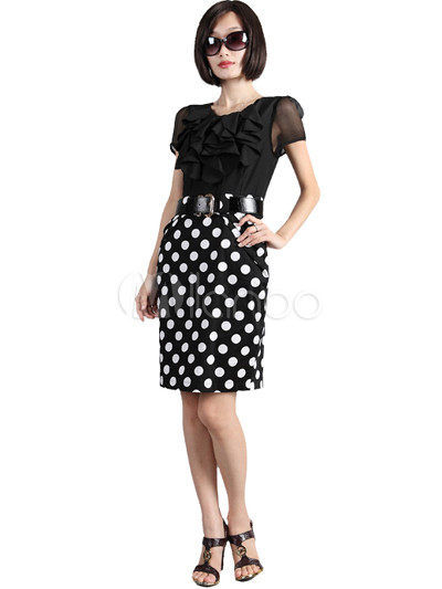 Simple Black Ruffles Silk Women`s Polka Dot Dress
